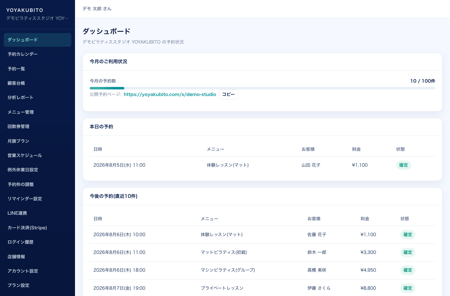 店舗ダッシュボード。その日の予約一覧と今月の利用状況、公開予約ページのURLが表示されている