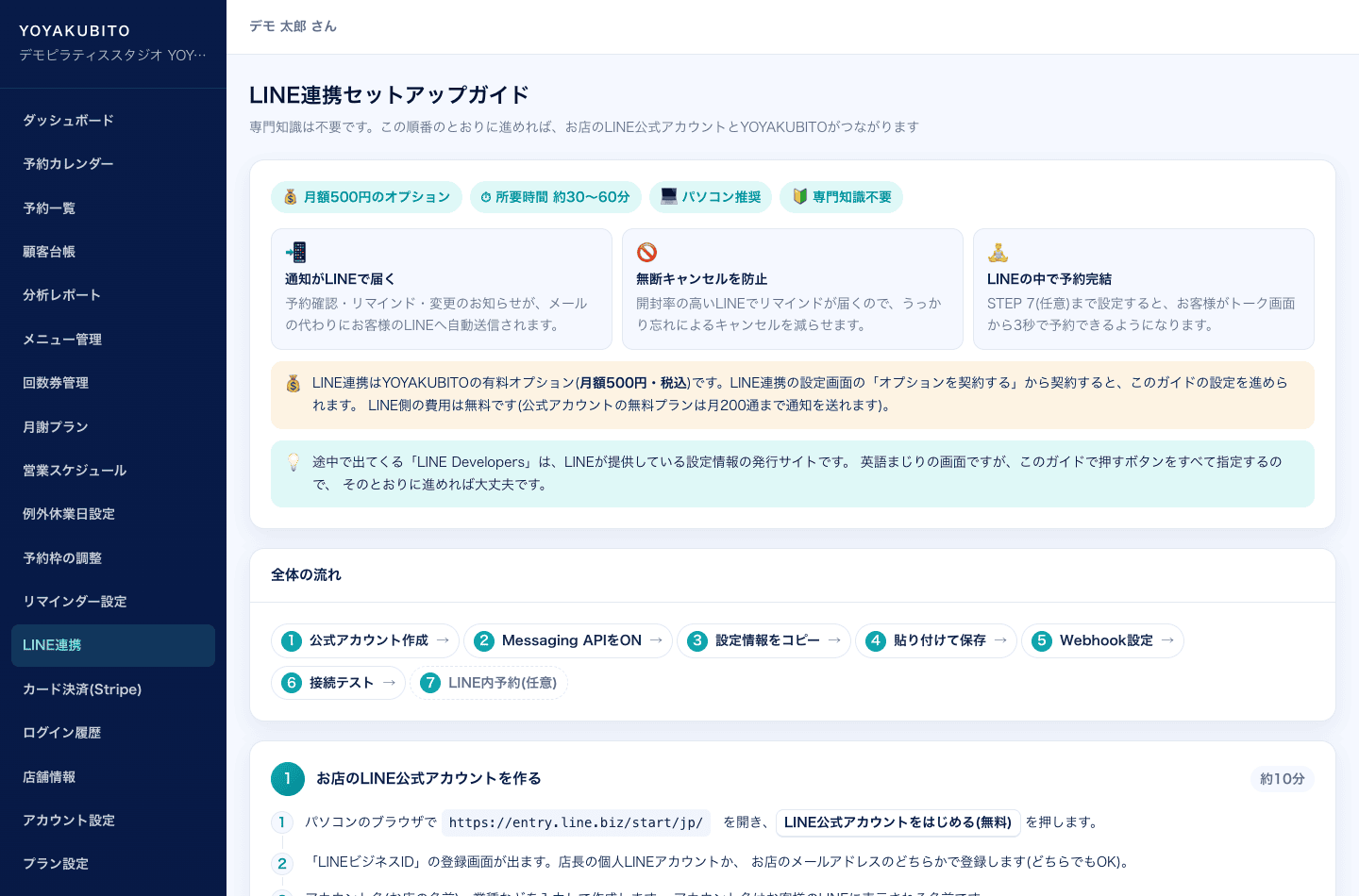 LINE連携セットアップガイド。ステップごとに操作手順が図解つきで説明されている